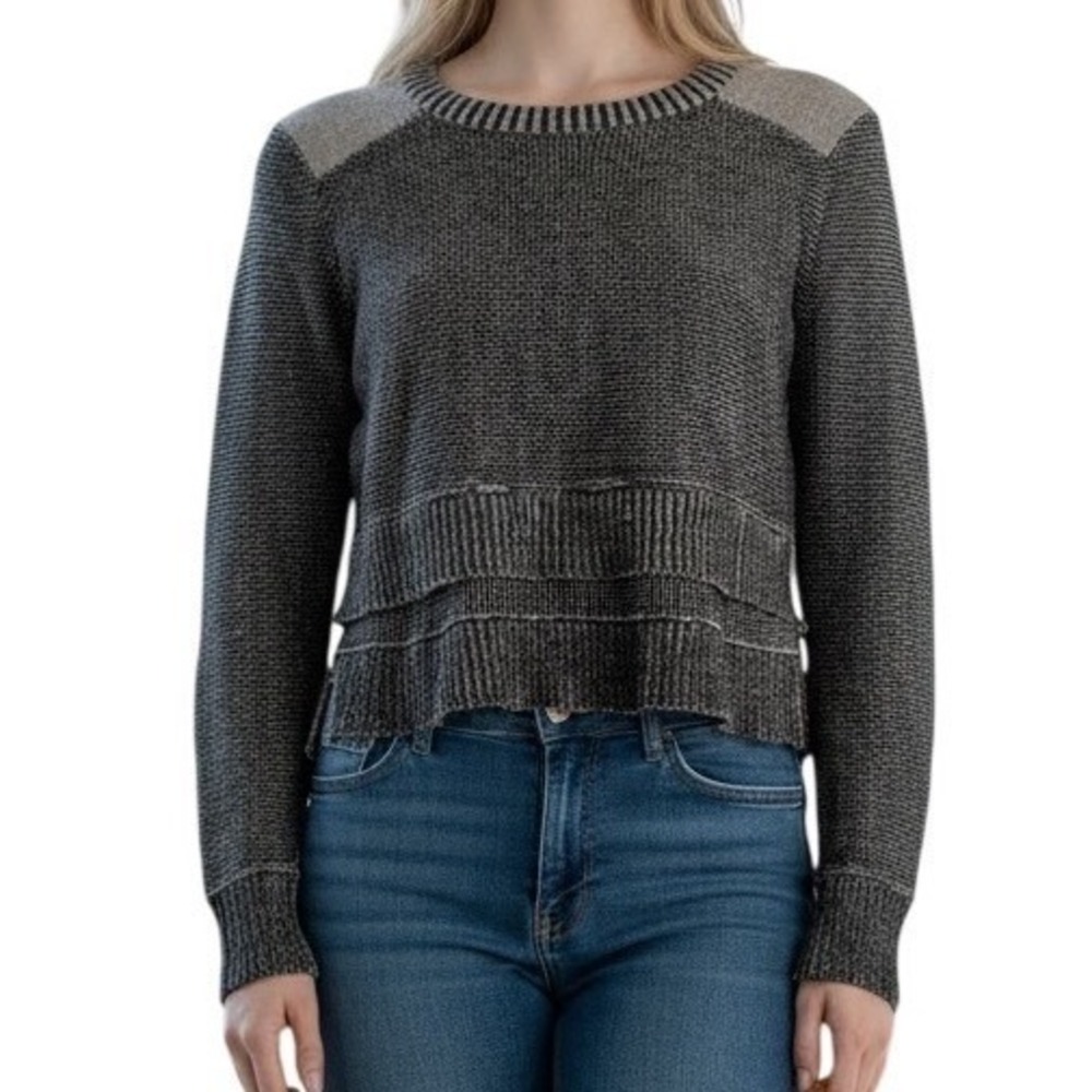 MARGARET O'LEARY Charcoal Grey Textured‎ L/S Tiered Crew Neck Cotton Crop Top S